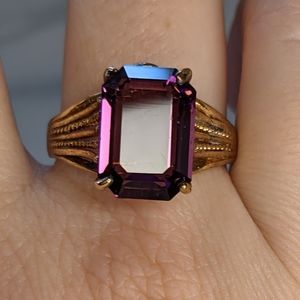 Vintage 14k Gold Emerald Cut Amethyst Glass Ring